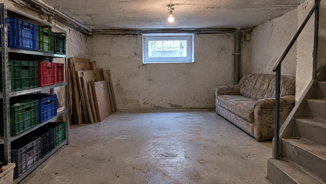 Kellerraum mit Metallregalen voller Kisten, gestapelten Holzplatten und einem alten Sofa