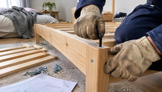 Hände mit Arbeitshandschuhen schrauben ein Bettgestell aus Holz mit einem Inbusschlüssel zusammen