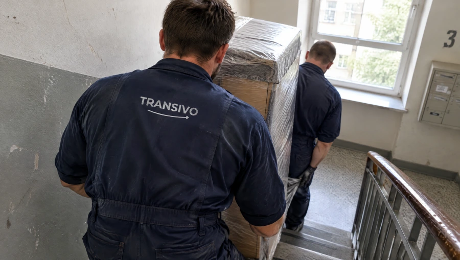 Zwei Mitarbeiter von Transivo tragen einen in Schutzfolie verpackten Schrank durchs Treppenhaus
